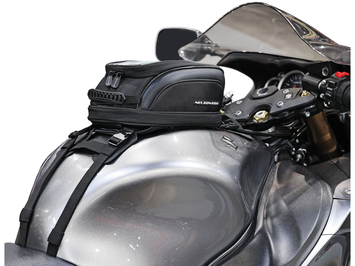 Photo showing tank bag strapped to motorcycle